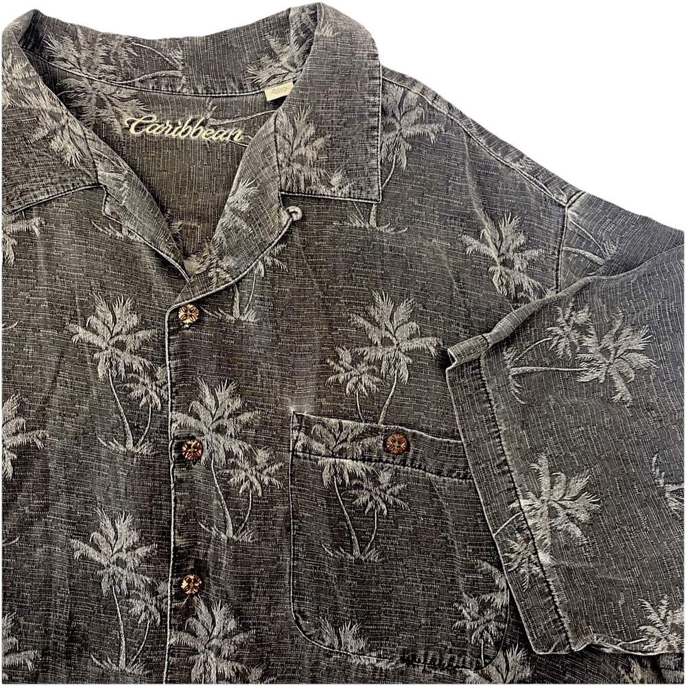 Caribbean Silk Blend Men's XXL Tall Gray Black Hawaiian Palm Tree Camp Shirt